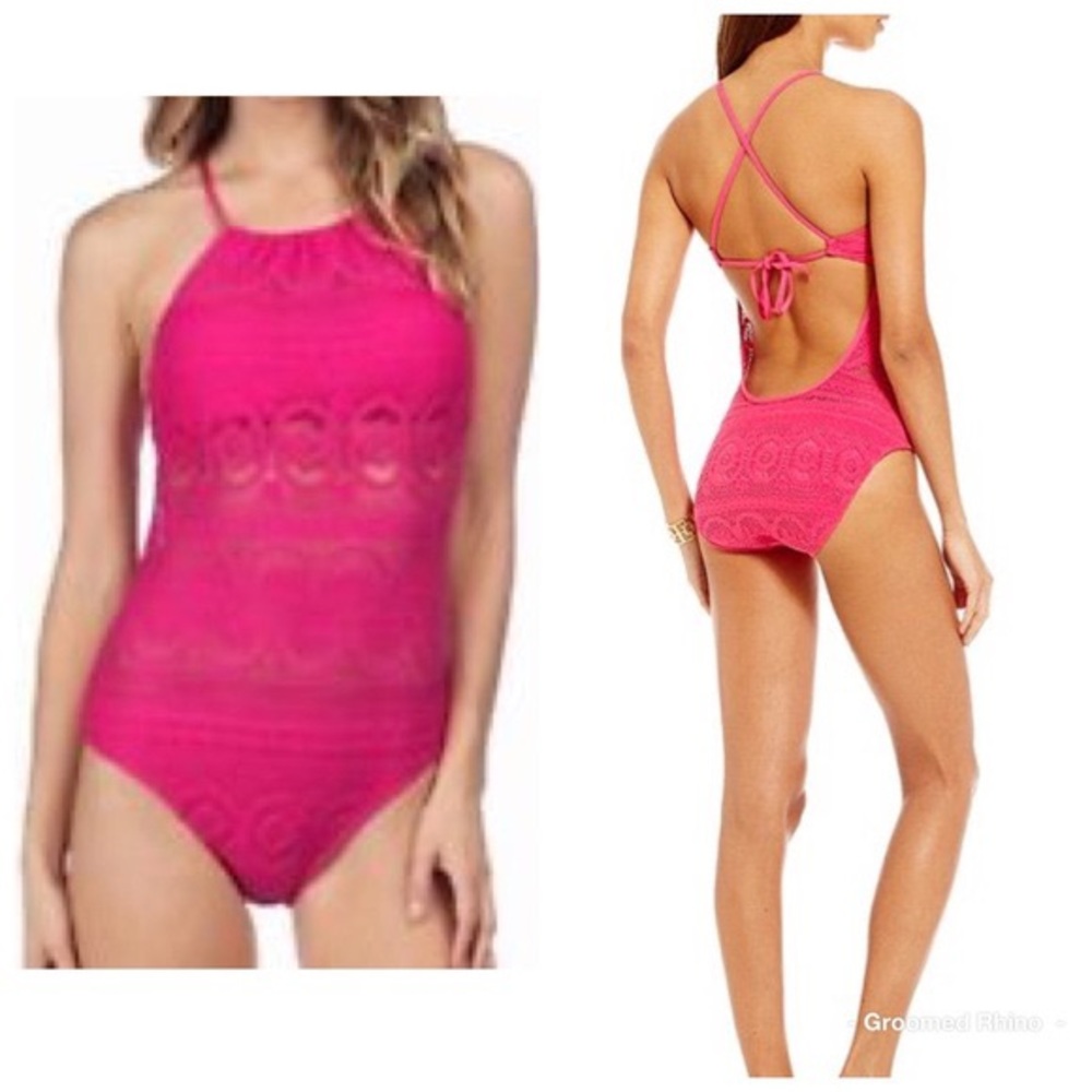 Kenneth Cole Women's Suns Out Buns Out Crochet One Piece Swimsuit Pink  small